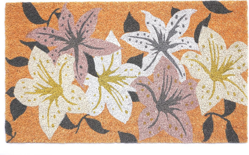 17" X 29" Brown Purple And White Floral Outdoor Coir Door Mat