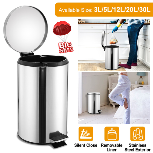 Stainless Steel Step Trash Can Round Pedal Garbage 