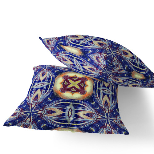 Set of Two Blue Orange And Cream Floral Indoor Outdoor Throw Pillow