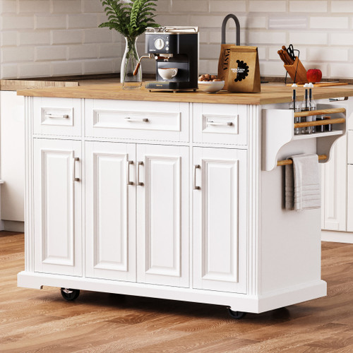 54" White Wood Barn Door Rolling Kitchen Island With Storage