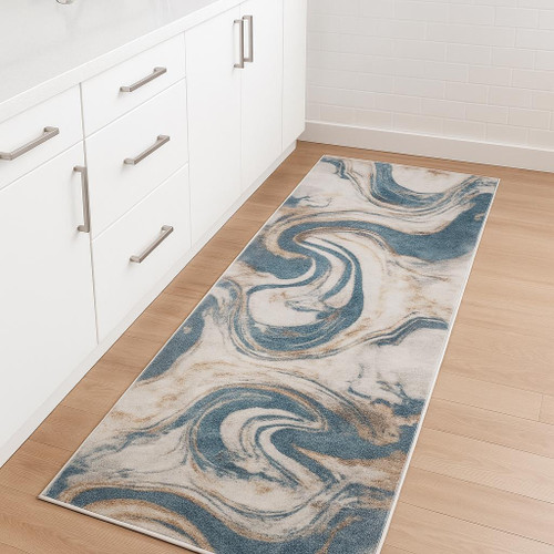 8' Ivory Blue And Brown Abstract Runner Rug