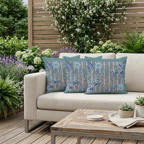 Set of Three Gray Peacock Indoor Outdoor Throw Pillow