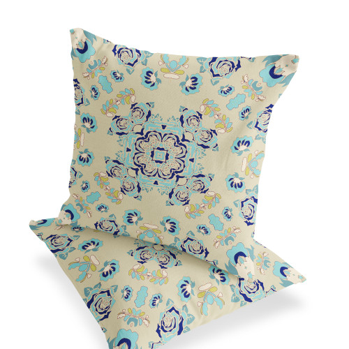 Set of Two Off White And Light Blue Botanical Indoor Outdoor Throw Pillow