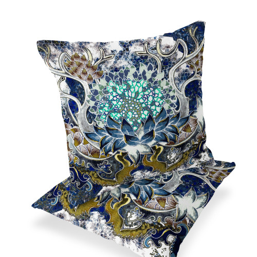 Set of Two Blue White And Green Sunflower Indoor Outdoor Throw Pillow