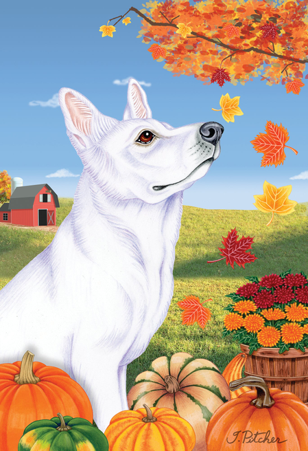 German Shepherd White- Tomoyo Pitcher Autumn Leaves Outdoor Flag