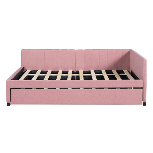 Pink Tufted Linen Upholstered Full Day Bed With Trundle