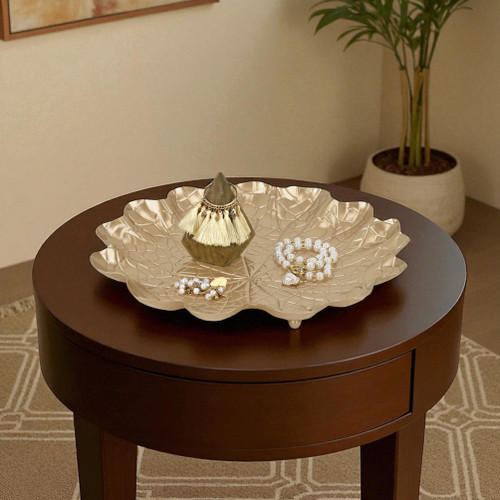 12" Gold Metal Handmade Leaf Trinket Tray