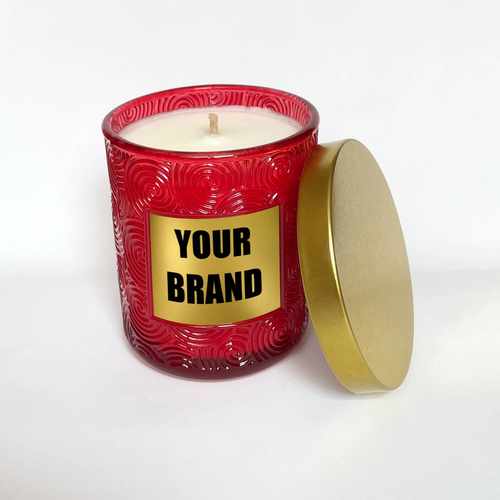 Private Label Candles Red Swirl Cut Pattern, Gold Lids