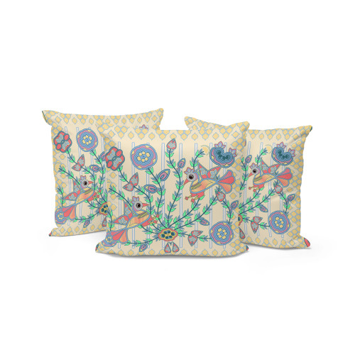 Set of Three Yellow Blue And Pink Peacock Indoor Outdoor Throw Pillow