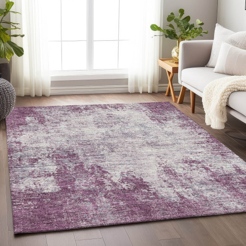 9' X 12' Plum And Ivory Abstract Washable Area Rug With UV Protection