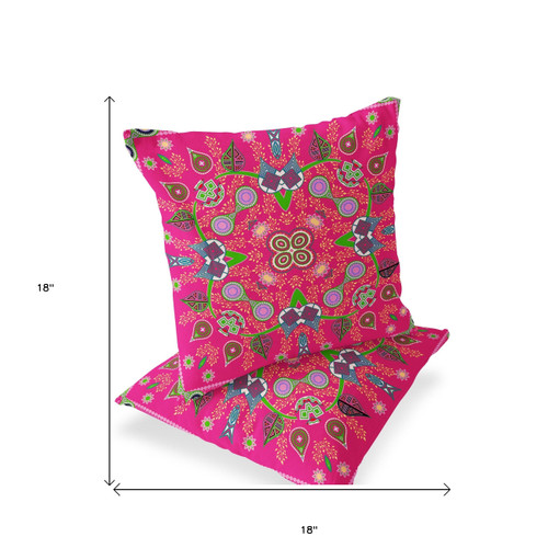 Set of Two Pink Green And Lavender Paisley Indoor Outdoor Throw Pillow