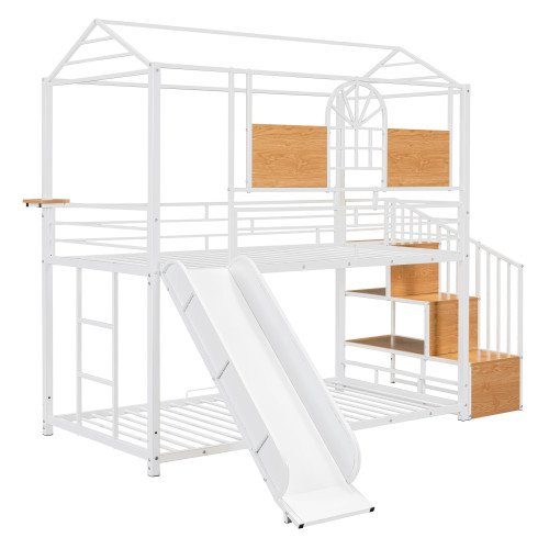 White Twin Over Twin Dollhouse Metal Bunk Bed With Stairs And Slide And Storage