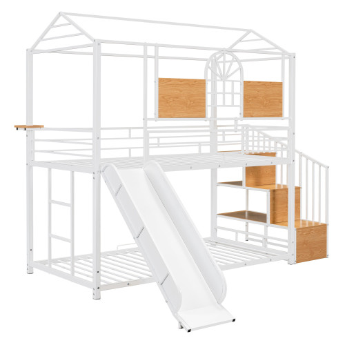 White Twin Over Twin Dollhouse Metal Bunk Bed With Stairs And Slide And Storage