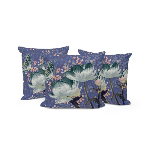 Set of Three Dark Green And Gray Butterfly Floral Indoor Outdoor Throw Pillow