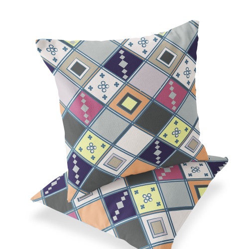 Set of Two Beige And Pink Diamond Indoor Outdoor Throw Pillow