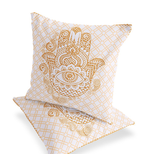 Set of Two Gold And White Hamsa Indoor Outdoor Throw Pillow