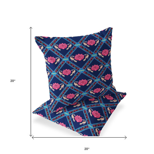 Set of Two Indigo And Pink Floral Indoor Outdoor Throw Pillow