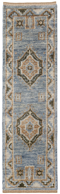 14' Ivory Tan and Blue Wool Oriental Hand Knotted Runner Rug With Fringe