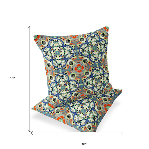 Set of Two Blue Cream And Orange Floral Indoor Outdoor Throw Pillow