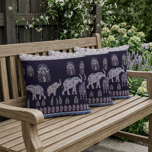 Set of Three Purple And Sky Blue Elephant Paisley Indoor Outdoor Throw Pillow