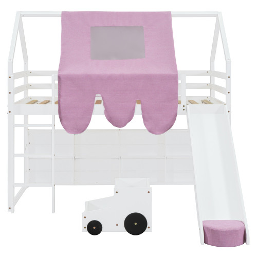 White Four Poster Wood Twin Loft Bed With Slide And Shelve