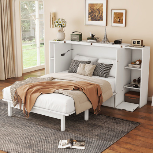 White Wood Full Murphy Bed With Drawers