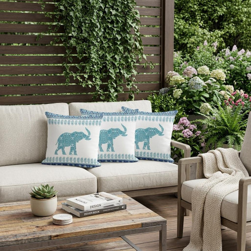 Set of Three Blue And Off White Elephant Paisley Indoor Outdoor Throw Pillow