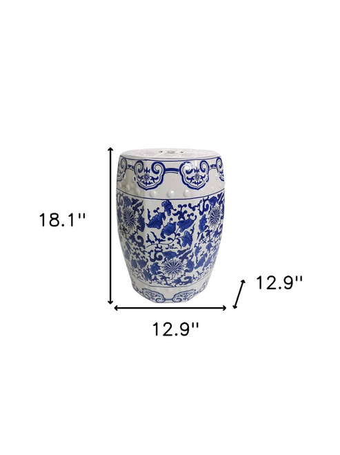 18" Blue And White Ceramic Garden Stool