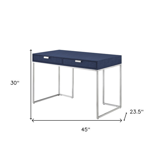45" Navy Blue and Silver Wood and Stainless Steel Writing Desk With Two Drawers