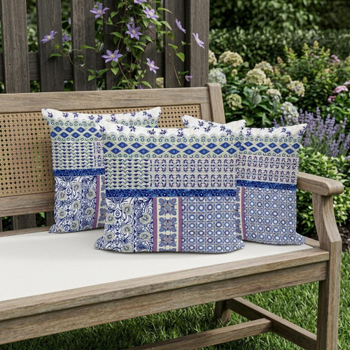 Set of Three White Pink And Blue Floral Indoor Outdoor Throw Pillow