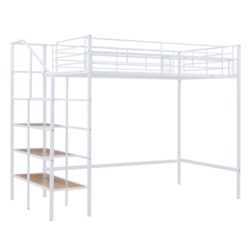 White Platform Metal And Manufactured Wood Twin Loft Bed with Shelves