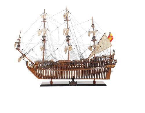 30" Brown Solid Wood Hand Painted Boat