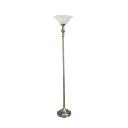 71" Antiqued Brass Metal Floor Lamp With White Glass Bowl Shade