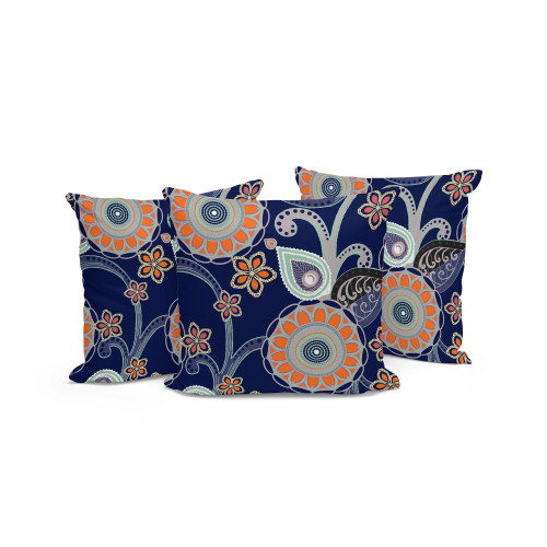 Set of Three Orange Botanical Indoor Outdoor Throw Pillow