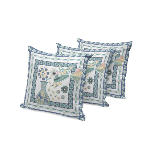 Set of Three White And Blue Peacock Indoor Outdoor Throw Pillow