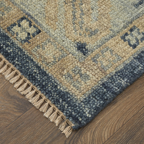 12' Blue and Ivory Wool Geometric Hand Knotted Runner Rug With Fringe