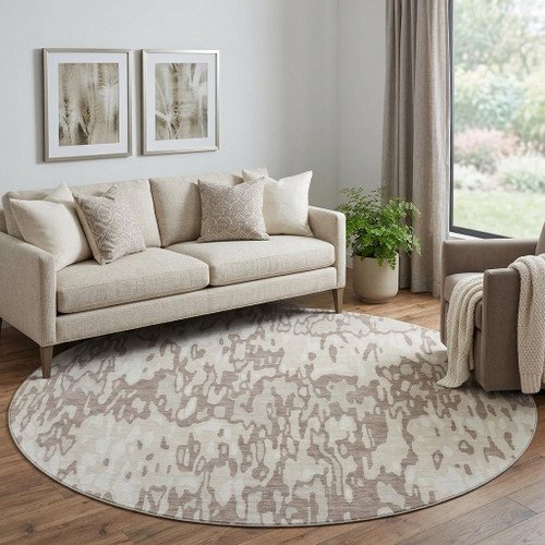 8' Beige And Taupe Striped Washable Round Rug With UV Protection