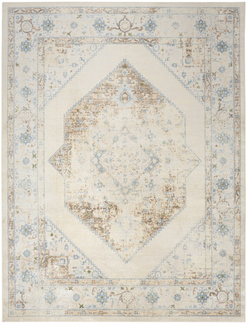 7' X 9' Beige Blue And Ivory Floral Medallion Area Rug