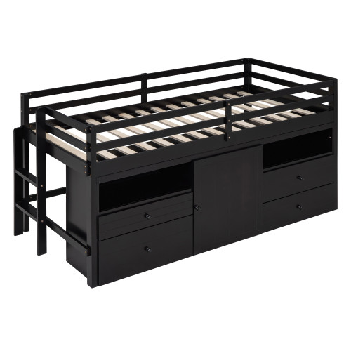 Espresso Four Poster Wood Twin Loft Bed With Drawers