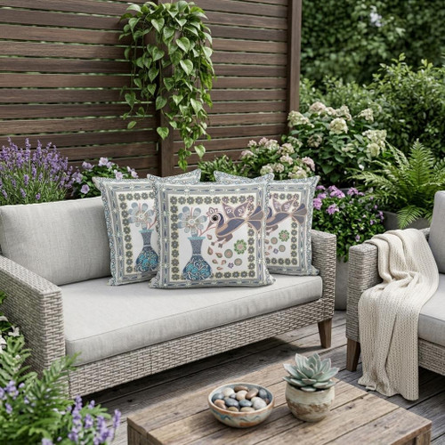 Set of Three Gray And Green Peacock Indoor Outdoor Throw Pillow