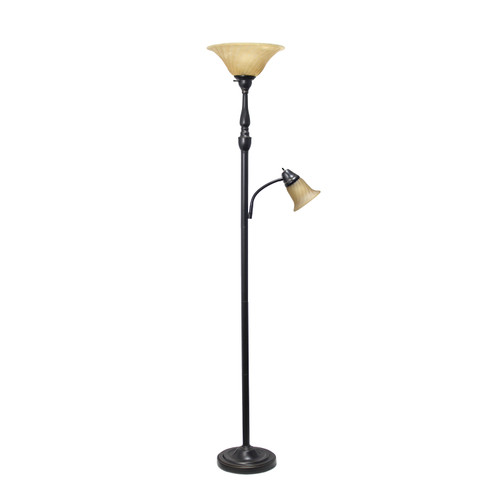 72" Bronze Metal Floor Lamp With Amber Glass Bowl Shade