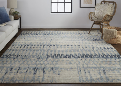 8' Gray Blue and Ivory Wool Abstract Hand Knotted Runner Rug