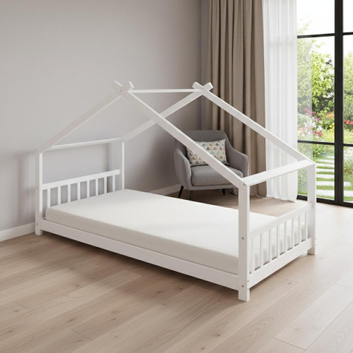 White Wood Twin House Bed
