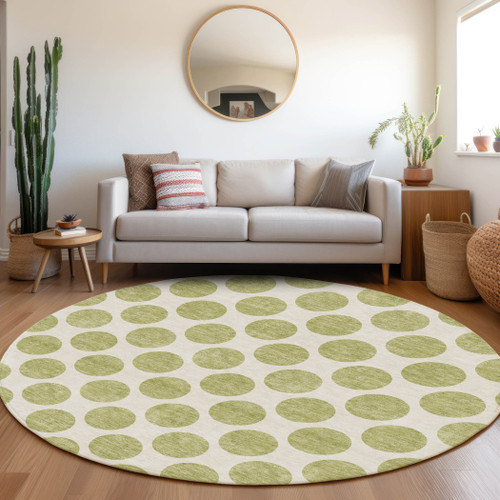 8' Artichoke Green And Ivory Polka Dot Washable Round Rug With UV Protection
