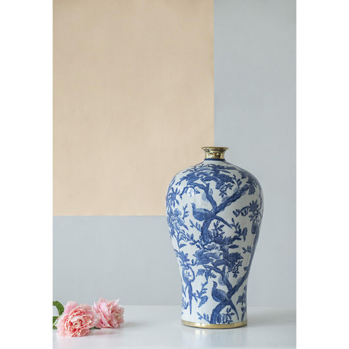 18" Blue White And Gold Chinoiserie Floral Porcelain Table Vase