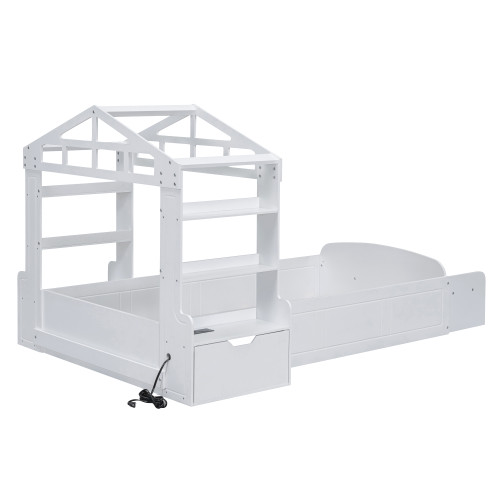 White Wood Twin House Bed With USB
