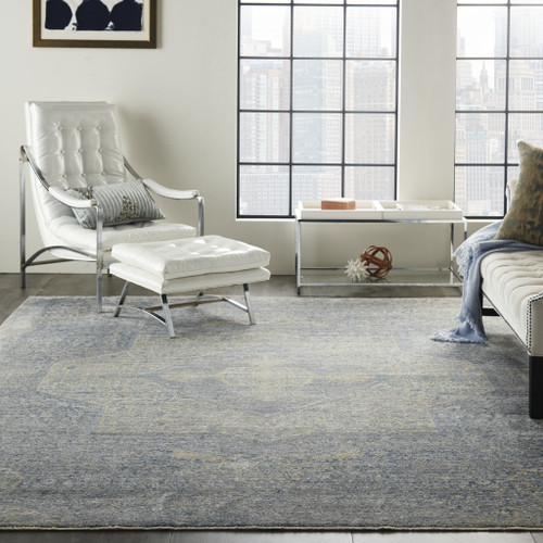 8' X 10' Blue Gray And Cream Floral Non Skid Area Rug With Fringe