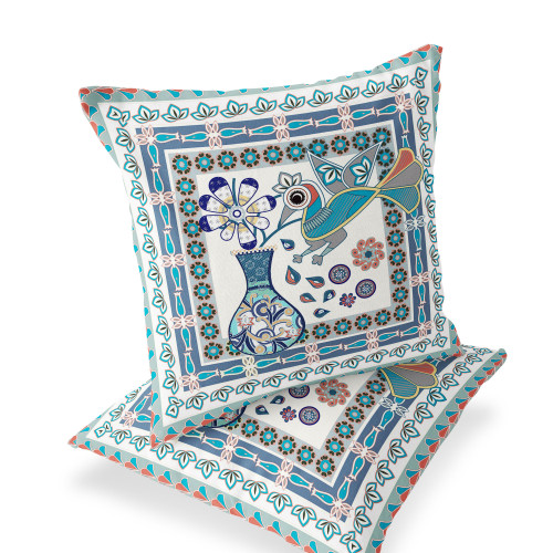 Set of Two Off White Blue And Gray Peacock Indoor Outdoor Throw Pillow