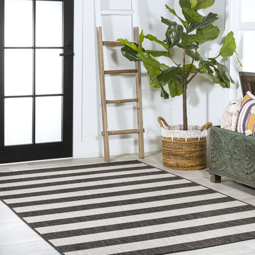 8' X 10' Black And Cream Striped Indoor Outdoor Area Rug