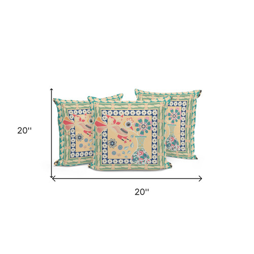 Set of Three Beige Green And Pink Peacock Indoor Outdoor Throw Pillow